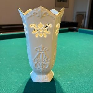 Porcelain Lenox vase with cut-outs & 24 karat gold painted trim, 7 inches tall